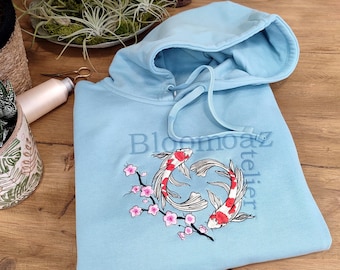 Felpa con cappuccio ricamata pesce koi nishikigoi Sky Blue, felpa con cappuccio ricamata razza carpa Amur, arte ricamata, felpa con cappuccio Sea Life, regalo per lui lei