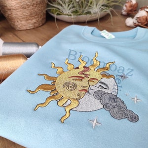 Embroidered Sun and Moon Hoodie Sweatshirt, Embroidered pullover sweater, Embroidered art, Bohemian Hoodie, Gift for him, Gift for her