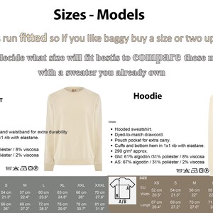 May include: Size chart for unisex sweatshirts and hoodies. The chart shows measurements in centimeters for the width, length, and EU size for sizes XS to XXXL. The chart also includes the fabric composition for both styles.