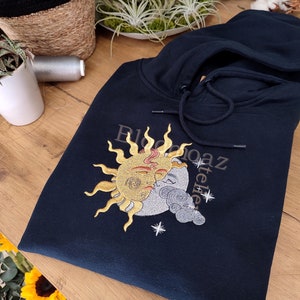 Embroidered Sun and Moon Navy Hoodie Sweatshirt, Embroidered pullover sweater, Embroidered art, Bohemian Hoodie, Gift for him, Gift for her