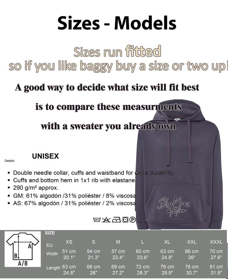 K&ouml;nnte beinhalten: Unisex-Hoodie in dunkelgrau mit einem schwarzen Logo, auf dem "BlMz Teler" steht. Der Hoodie hat eine Kapuze mit Kordelzug und eine K&auml;ngurutasche. Eine Gr&ouml;&szlig;entabelle zeigt die Ma&szlig;e in Zoll und Zentimetern f&uuml;r die Gr&ouml;&szlig;en XS bis XXXL.