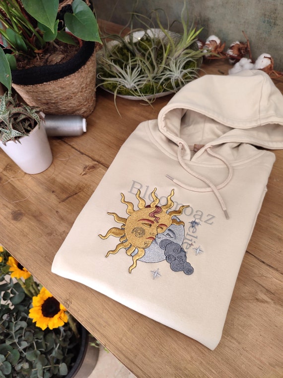 Embroidered Sun and Moon Hoodie Sweatshirt, Embroidered pullover sweater, Embroidered art, Bohemian Hoodie, Gift for him, Gift for her
