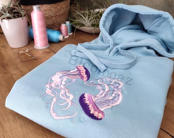 Embroidered Jellyfish Sky Blue Pullover, Jellyfish Water Color embroidered sweatshirt, embroidered art, Sea life hoodie, Gift for Diver