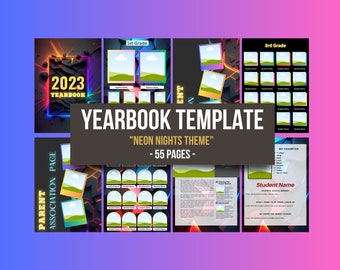 Photo-Inclusive Elementary School Yearbook Template with Neon Night Theme