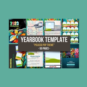 Op de afbeelding: Een jaarboek sjabloon met een kleurrijk abstract ontwerp. De sjabloon bevat een inhoudsopgave, een studentprofielpagina, een boodschap van de directeur en een klassenfotopagina. De sjabloon is getiteld "Picasso Pop Theme" en bevat 55 pagina's.