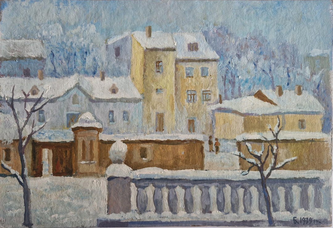 Vintage Winter Cityscape Oil Painting 1979, Blue White Urban Landscape ...