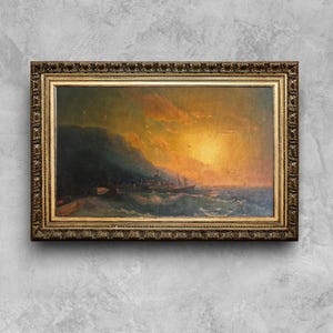 Antique Nautical Sunset Oil Painting, Oil Antique Coastal Wall Art, Antique Stormy Sea Wall Art, Vintage Sea Landscape Painting on Canvas