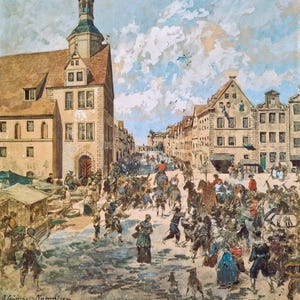 Antique German Cityscape Original Painting, Signed Otto Günther-Naumburg & Georg Carl Koch 19th Century Historic Town Square of Germany
