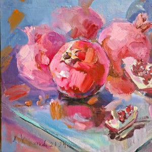 Pomegranates Oil Painting Original Impressionist Still Life Bright Kitchen Wall Art Dopamine Decor expressionist fruit art gift for foodie