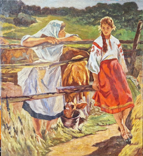 Sunlit Countryside Oil Painting – Vintage Farm Scene with Figures, Large Mid Century Canvas, Warm Pastoral Wall Art