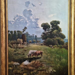 Antique Cows Oil Painting Landscape, Original Rustic Nature Wall Art, Ukrainian Countryside Wall Art, Farmhouse Decor, Cottagecore Wall Art