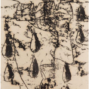 May include: Abstract black and white artwork featuring a face-like form with teardrop shapes and a crown-like structure. The piece has a textured, aged appearance, with a signature and date in the lower right corner.