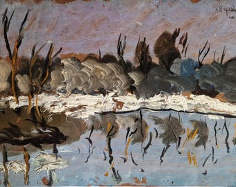 May include: An oil painting on board depicting a winter landscape with a frozen river, bare trees, and thick brushstrokes in shades of brown, gray, white, and blue. The upper right corner features handwritten text reading 18 grudnia 74 Le Barcarès.