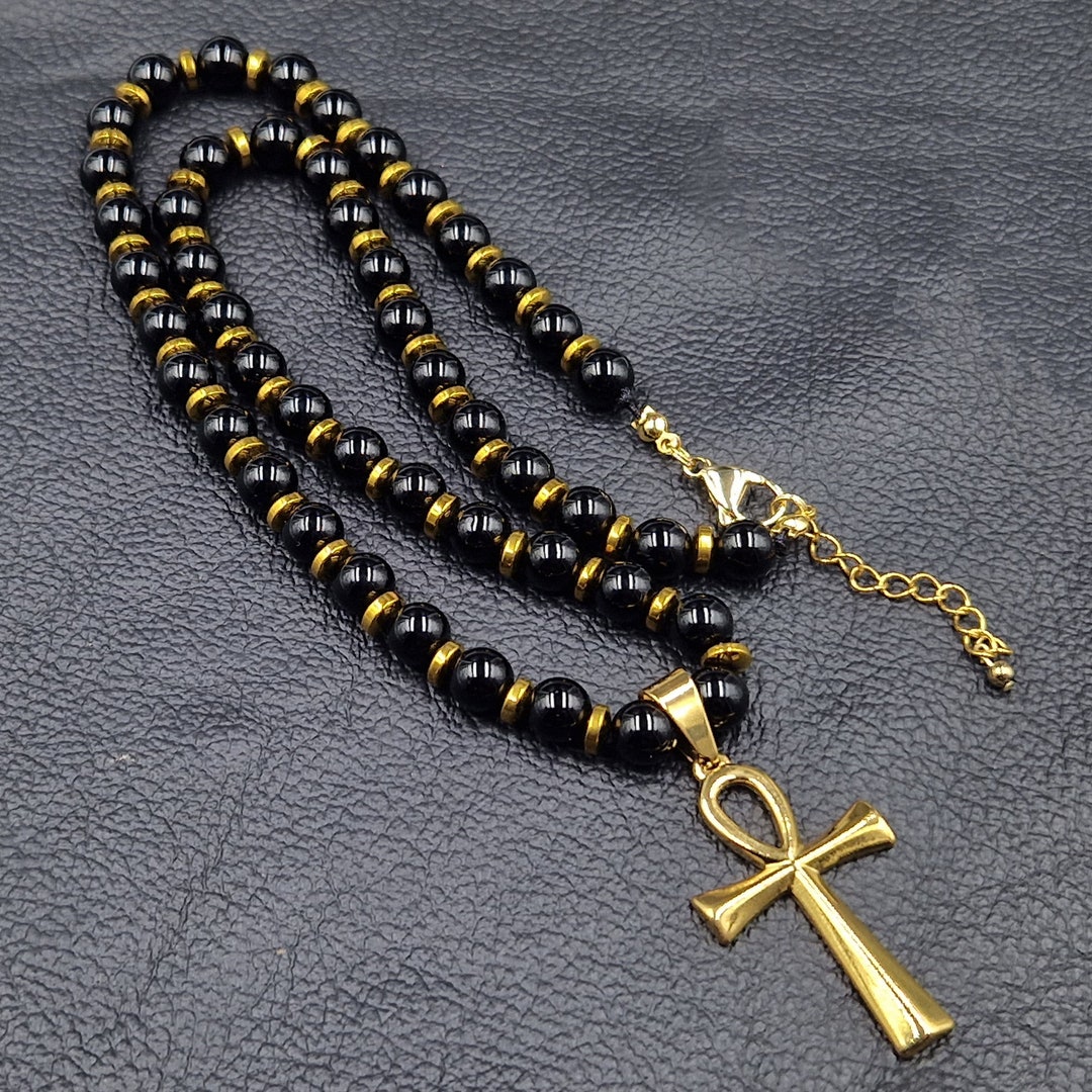 Black Onyx Necklace, Cross Necklace, Long Mens Beaded Necklace, Ankh