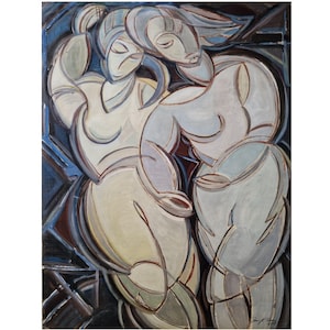 Cubist Abstract Portrait of Two Women, Original 1988 Oil Painting, Signed Modernist Figurative Art, Vintage Painting Original Oil Portrait