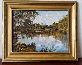 Original Vintage Oil Landscape Painting – River / Lake View, Golden Framed Artwork