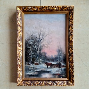 ANTIQUE OIL PAINTING Original Landscape Painting, Gold Frame Oil Winter Snowing Painting Oil Antique Moody Sunset in Forest Framed Wall Art