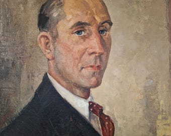 Vintage männliches Porträt Ölgemälde - schwermütige Gentleman Wandkunst, europäische Innendekoration Mid Century, gerahmtes Statement Porträt