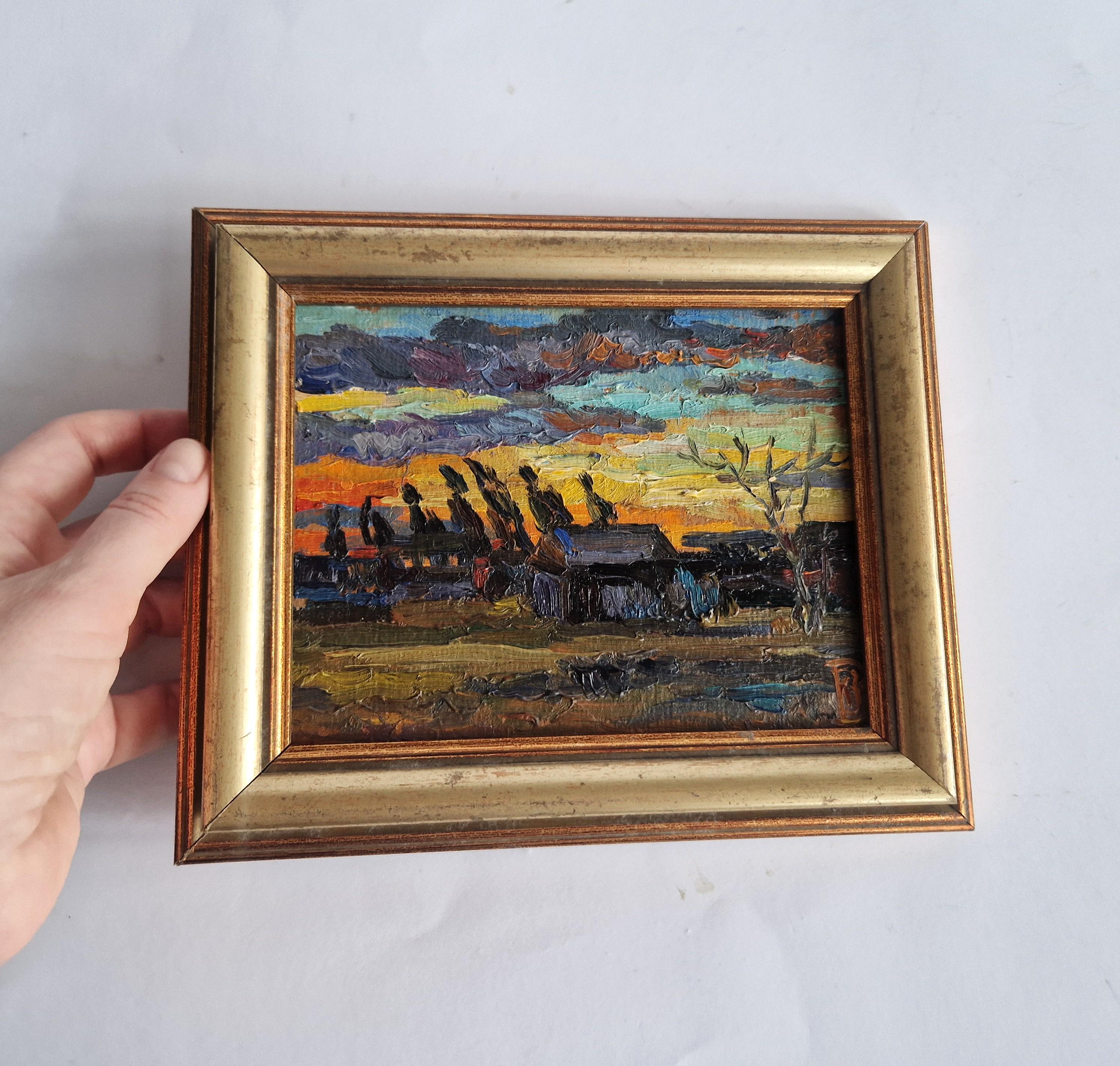 Small Vintage Oil Painting Sunset Landscape, Textured Impasto Art ...