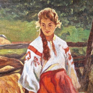 Ölgemälde – Vintage Bauernhof Szene mit Figuren, große Mid Century Leinwand, warme pastorale Kunst Bild 3