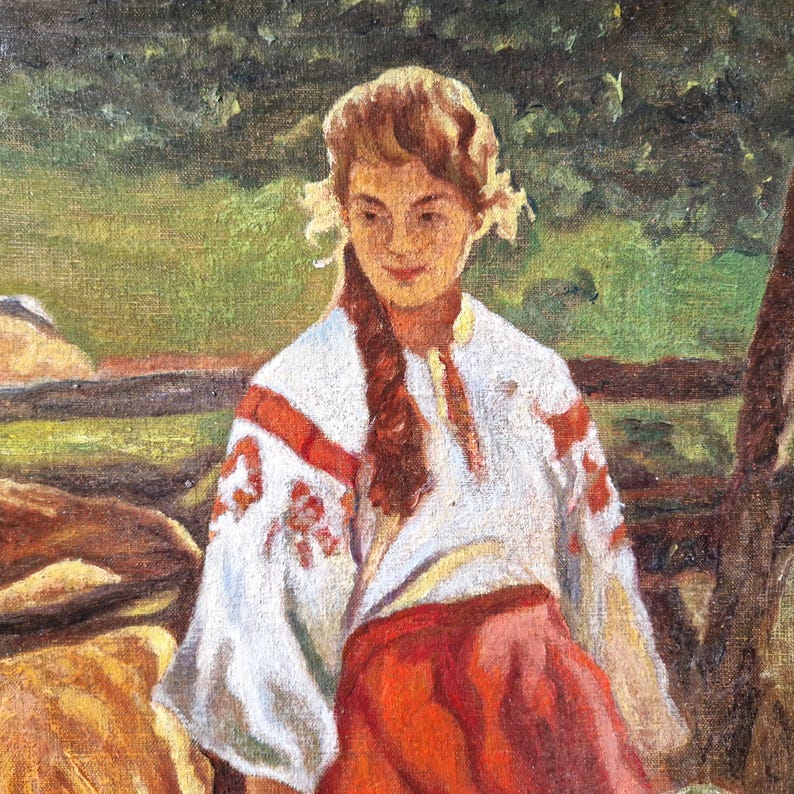 Ölgemälde – Vintage Bauernhof Szene mit Figuren, große Mid Century Leinwand, warme pastorale Kunst Bild 3