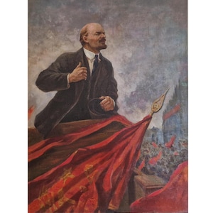 Lenin Portrait, Original 1950s Soviet Oil Painting, Socialist Realism USSR Propaganda Art, Red Flag, Large Vintage Artwork