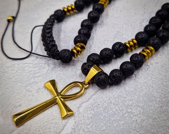 Black bead mens necklace, Long mens beaded necklace, Cross Ankh necklace, Macrame necklace, Mens jewery, Gifts for him, Boyfriend gift
