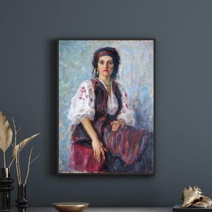 Vintage Oil Woman Portrait Painting Original, Female Portrait Original Oil Painting, Ukrainain Folk Costume Painting, Rustic Painting Oil