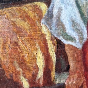 K&ouml;nnte beinhalten: Nahaufnahme eines Gem&auml;ldes, das eine strukturierte, braune und gelbe Oberfl&auml;che zeigt. Die Oberfl&auml;che hat eine raue, Pinselstrich-Textur und scheint Teil eines gr&ouml;&szlig;eren Gem&auml;ldes zu sein.