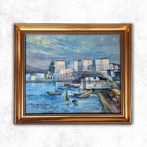 Vintage St. Tropez Oil Painting: French Riviera Coastal Art in Gold Frame