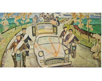 Ashat Safargalin “Celebration”, Original Ukrainian Painting, 1960s Soviet Figurative Art, Large Vintage Artwork