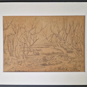 Vintage Pencil Drawing of Rural Landscape: Original Artwork, Mid Century Wall Art with Trees and River