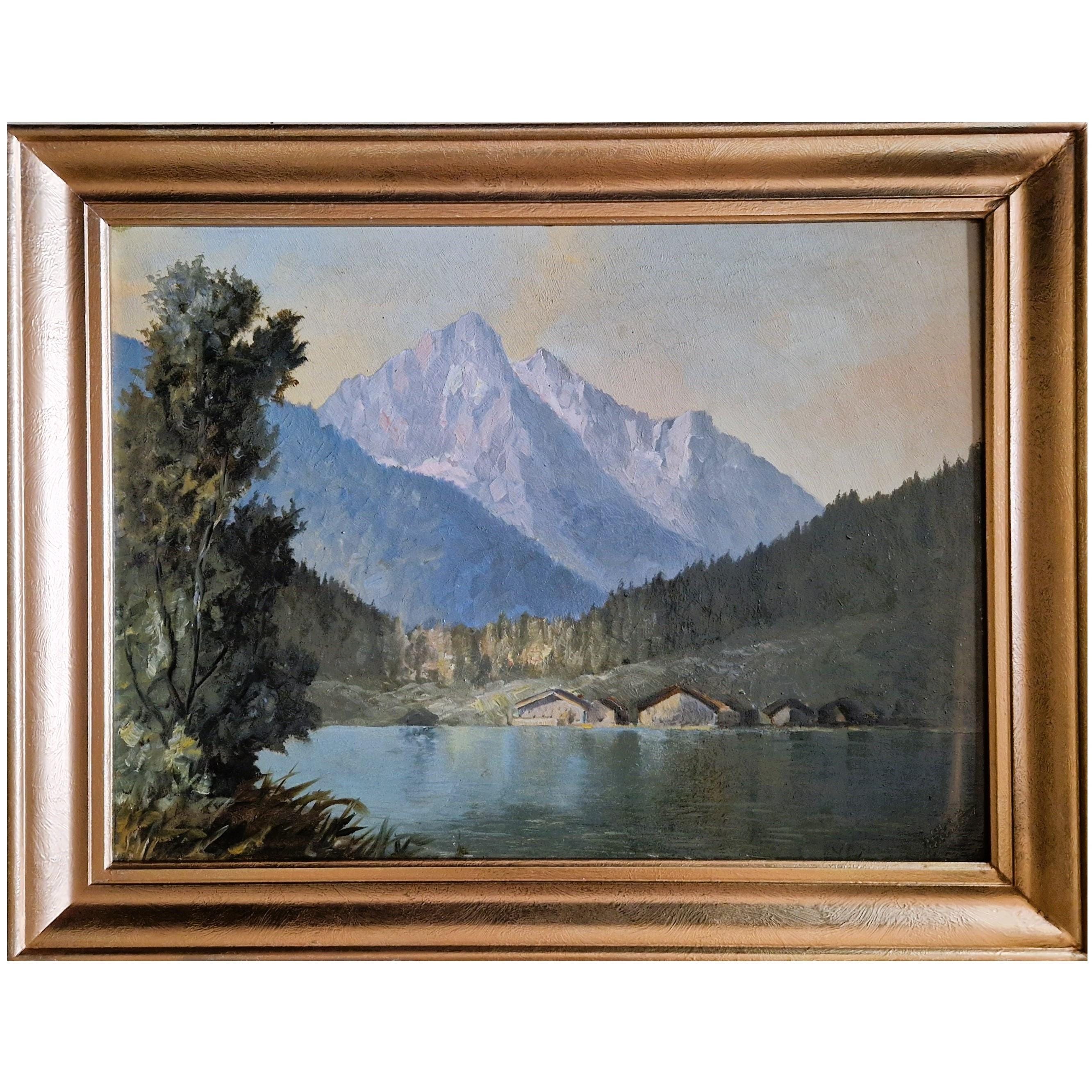 Framed Mountain Landscape Oil Painting by Heinz Theis, Garmisch