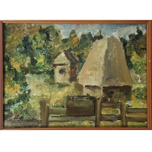 Original Oil Rustic Landscape Wall Art, Vintage Peasant Small Oil Painting, Countryside Cottagecore Framed Artwork Antique Painting Original
