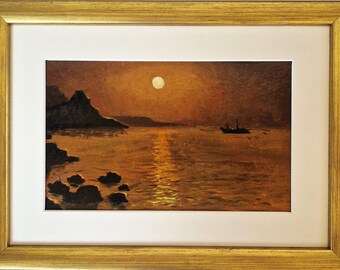 Vintage Nocturne Oil Painting: Moody Moonlit Seascape, Framed Artwork, Vintage Oil Wall Art