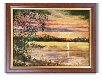 River Landscape Oil Painting, Original Sunset Artwork, Framed Moody Wall Art, Vintage Nature Artwork