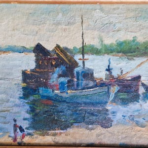 VINTAGE OIL PAINTING Original Nautical Wall Art, Boats on the Shore Painting, Oil Seascape Painting Antique Oil Sea Landscape Framed Artwork