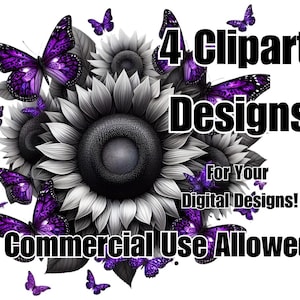 4 x Clipart Digital Designs for Commercial or Personal Use Sublimation PNG Sunflowers and Butterflies Purple