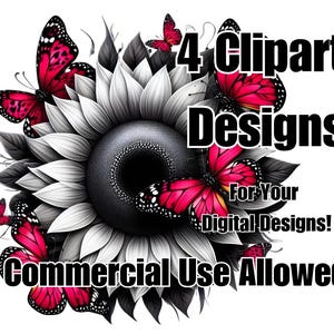 4 x Clipart Digital Designs for Commercial or Personal Use Sublimation PNG Sunflowers and Butterflies Pink Red