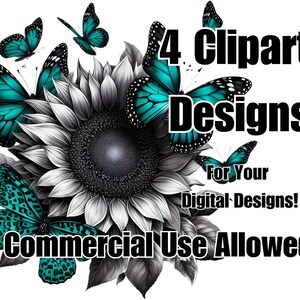 4 x Clipart Design digitali per uso commerciale o personale Sublimazione PNG Girasoli e farfalle verde acqua