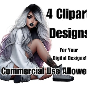 4 x digitale clipartontwerpen voor commercieel of persoonlijk gebruik Sublimatie PNG Tattoo Girl Black Lips Cap hoge schoenen