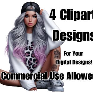 4 x clipart digitale ontwerpen voor commercieel of persoonlijk gebruik sublimatie png tattoo meisje vrouw luipaard trucker pet hoge schoenen