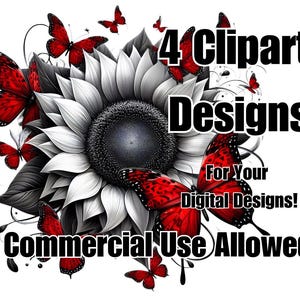4 x Clipart Digital Designs for Commercial or Personal Use Sublimation PNG Sunflowers and Butterflies Red