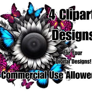 4 x Clipart Design digitali per uso commerciale o personale Sublimazione PNG Girasoli e farfalle rosa blu