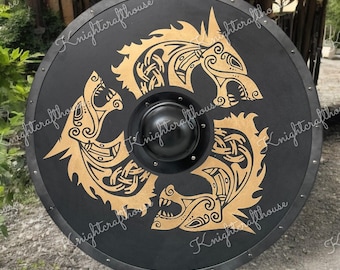 Fenrir Golden Wolf Norse Shield: Medieval Viking Wooden Cosplay Shield