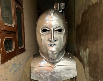Middeleeuws stalen maskerhelm met gorget - SCA LARP-cosplaypantser
