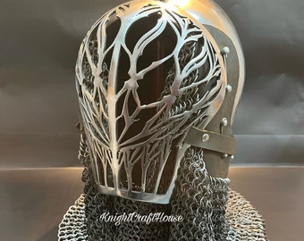 Handmade Medieval Bascinet Helmet: Etched Steel Knight Armor, SCA LARP Cosplay