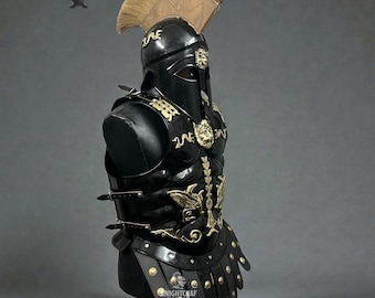 Armatura muscolare romana nera - Corazza corinzia da gladiatore con elmo e grembiuli in pelle, costume di Halloween