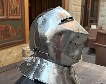 Medieval Armet Bascinet Helmet: 18-Gauge Steel Knight Barbuta, SCA LARP Costume