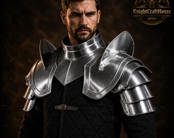 Medieval Knight Shoulder Armor with Gorget | Steel Pauldrons for LARP, SCA & Reenactment | Renaissance Faire Costume .